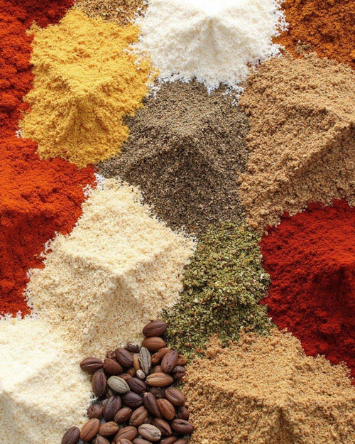 Mezcla de especias y condimentos para salsas caseras, colores vibrantes y texturas naturales